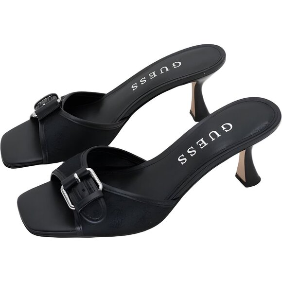 GUESS Dista Buckle Kitten Heel Mules Black Logo Women US 9M - Picture 2 of 6